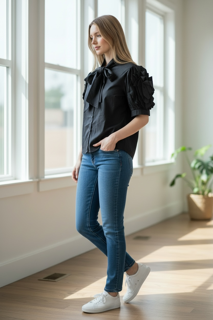Rosè Ruffle Bow Top - Black 